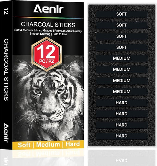 Aenir Compressed Charcoal Sticks Set of 12 – Soft, Medium, Hard Charcoal for Drawing, Sketching & Shading – Art Supplies for Artists, Beginners & Adults