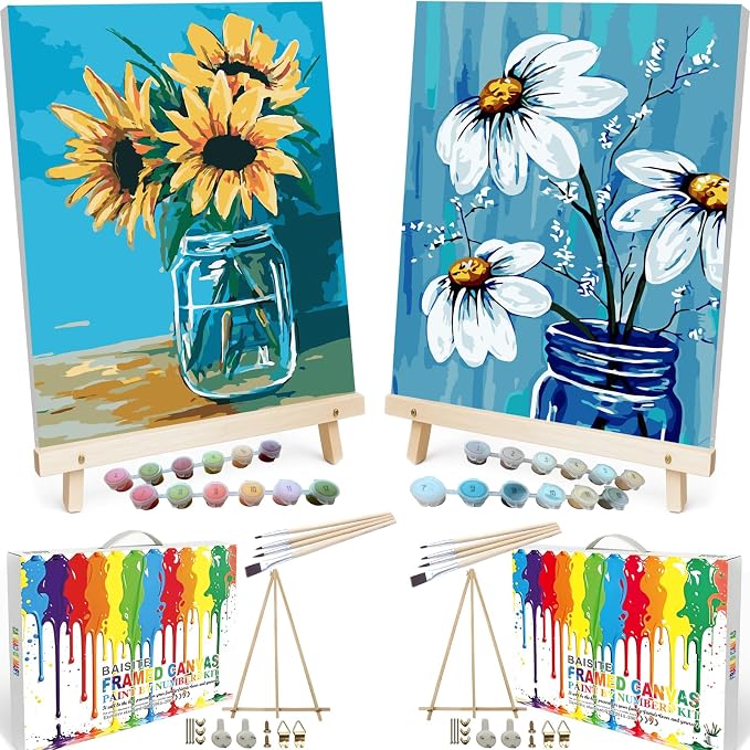 BAISITE Paint by Numbers Kit for Adults Beginners,8" Wx12 L 2 Pack Canvas for Painting Kits for Adults in Colorful Box 0304 Already Framed