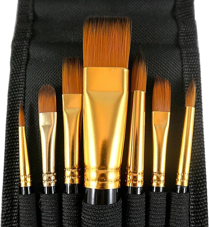 Paint Brush Set, 7 Artist Brushes for Painting with Acrylic, Gouache, Oil and Watercolor. Professional Art Quality on Canvas, Wood, Face and Models. Includes Carrying Case Travel Kit