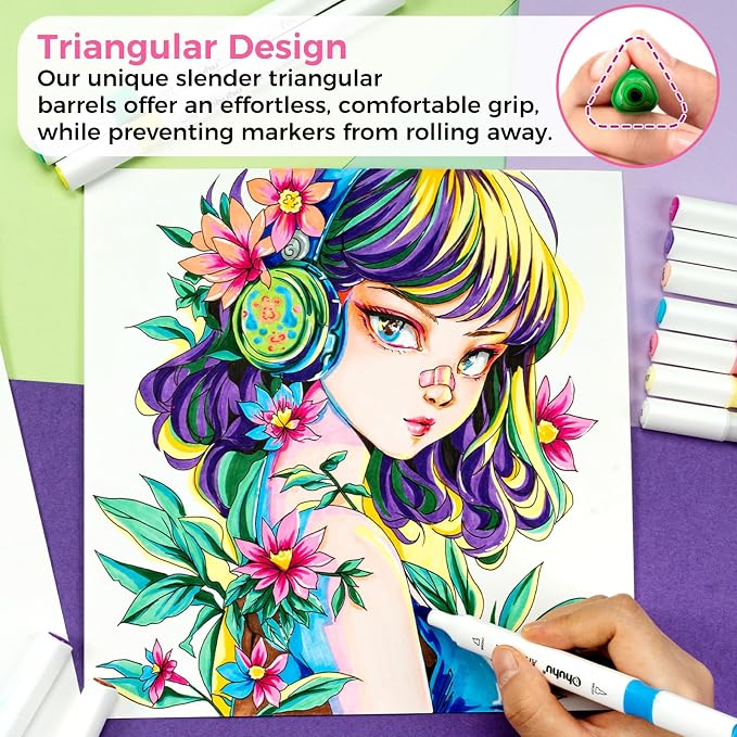 Ohuhu Alcohol Markers Fine& Chisel 96 Colors for Beginners Adults Coloring | Sketching Markers for Drawing Illustration, Dual Tips Alcohol-based Art Marker, 2 Colorless Blender& 2 Storage Case