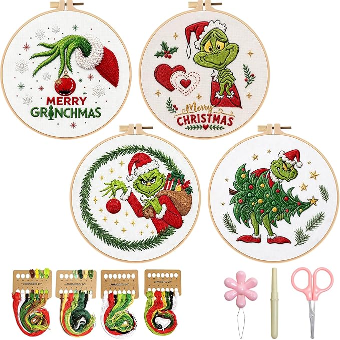 BBLYBD Christmas Embroidery Kit, 4 Set Embroidery Starter Kit, Cross Stitch Kits with Pre-Printed Embroidery Fabric, Hoops, Step-by-Step Instructions, Color Threads & Needles (Christmas02-4 Set)