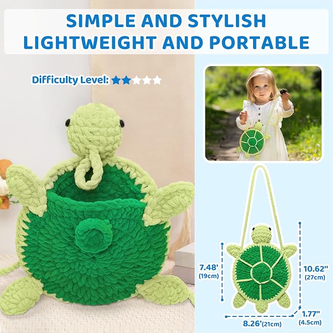Mewaii Turtle Crossbody Bag Crochet Kit for Beginners, 40% Extra Yarn | Video Tutorial, Pre-Started Piece, Gift Box, Level 1 Starter Kit, Family Craft for Adults, Kids & Beginners