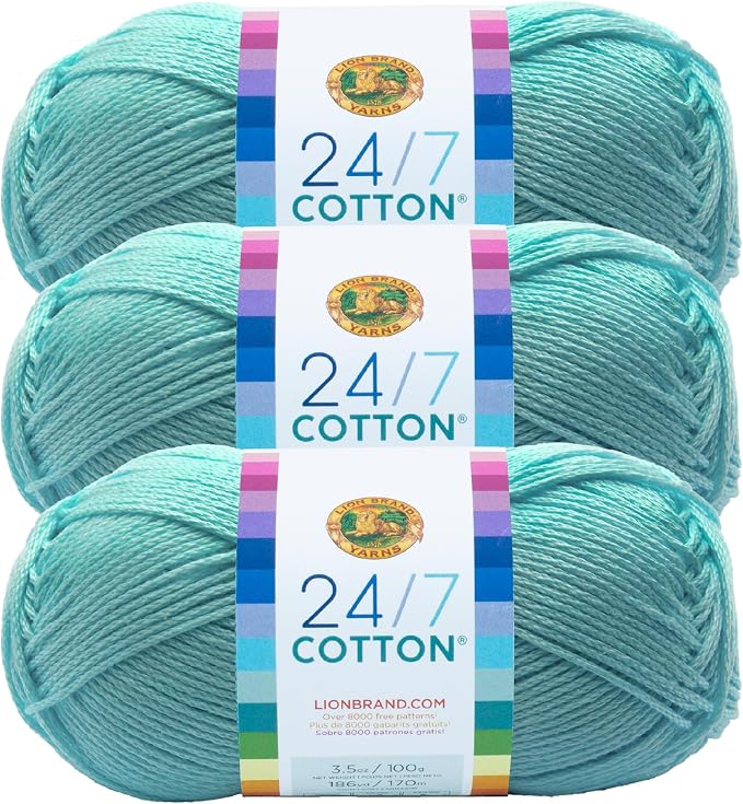 Lion Brand 24/7 Cotton Yarn, Lightweight Yarn for Knitting, Crocheting, and Crafts, Aqua, 3 Pack