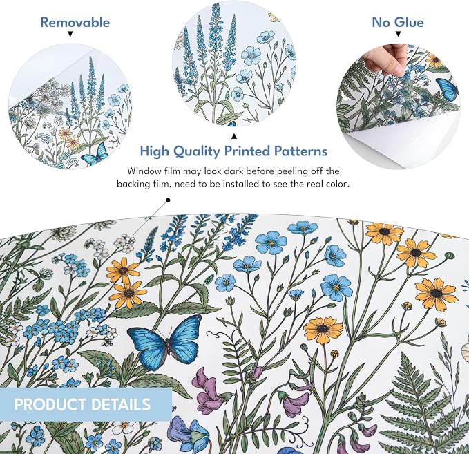 ADD.HERES Window Privacy Film,Colorful Floral Window Stickers,Removable DIY Bouquet Static Clings, Decals for Home School Office Party Supplies, Wildwood Whisper, 17.5" x 78.7"