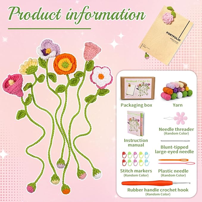 GarfxG Crochet Kit for Beginners Adults 10pcs Flower Bookmarks Knitting Kit