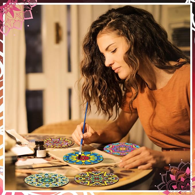 Reallnaive 8 Pcs Mandala Paint by Numbers Kit for Adults Wooden Coasters | Mini Floral Paint by Numbers, Tiny Flower Round Oil Painting Drink Coaster with Holder, for Small DIY Craft Birthday Gift