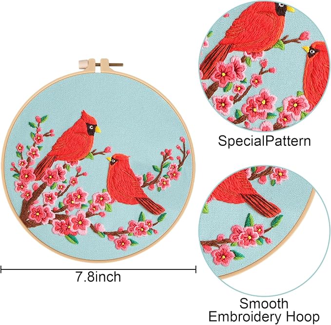 Nuberlic 3 Pack Embroidery Kit for Beginners with Cardinal & Blue Bird