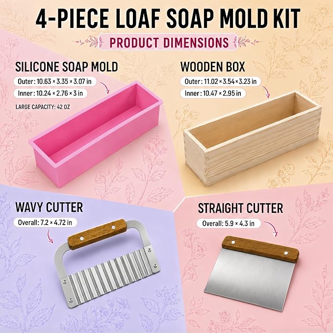 SJ 42 oz Soap Making Kit with Pink Silicone Loaf Mold, Wooden Box & Cutters | Stainless Steel Straight & Wavy Cutters, Food-Grade Silicone Loaf Mold, Easy Release, Reusable, DIY Soap Making