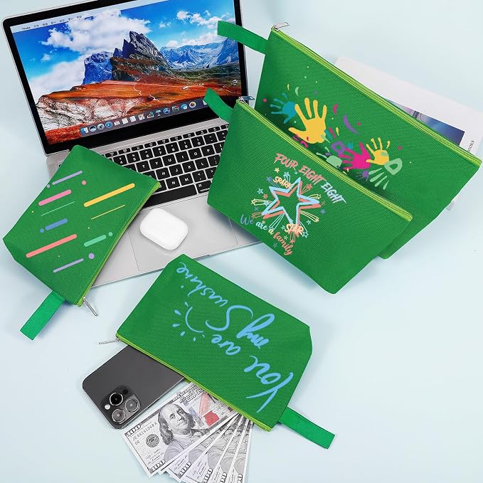10 Pieces Cotton Canvas Makeup Bag with Bottom and Strap, Multi-Purpose Cosmetic Bag with Zipper Travel Toiletry Pouch, Blank DIY Craft Bag (Green, L)