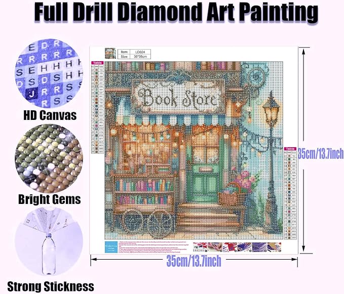 Yanfairy Book Store Diamond Art Painting Kits, Full Drill Diamond Dots Paintings for Adults Beginners, Book Lover Round 5D Paint with Diamonds Pictures Gem Art Painting Kits DIY Crafts Kits 14x14inch