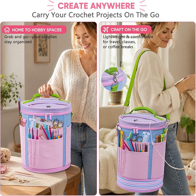 Canvas Yarn Storage Organizer with Removable Dividers, Crochet&Knitting Bag | Expandable canvas yarn organizer with removable dividers, yarn feed holes, project storage and multiple tool pockets