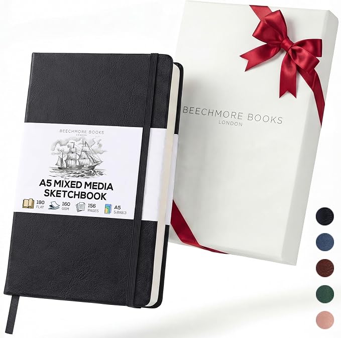 Beechmore Books A5 5.8x8.3 Mixed Media Sketchbook 160 GSM/98LB, Gift Box | Hardcover Art Journal with Lay-Flat Binding, 156 Perforated Ivory Pages, Portable Size for Drawing, Ink & Light Watercolor