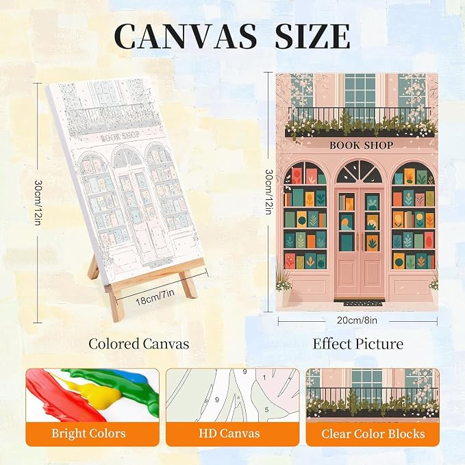 4 Pack Book shop Paint by Numbers Kit for Adults with Frame, Easy Bookstore Paint by Number for Adults Beginner with Wooden Easel, DIY Painting by Numbers Canvas Framed for Home Decor 8 x 12 Inch