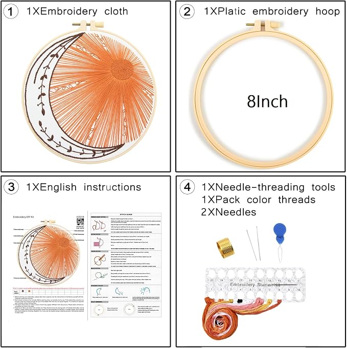 Crafmanoe Hand Embroidery Kits for Beginners Adults, Sun Moon Embroidery Starter Kits, Stamped Cross Stitch Kits DIY Needlepoint Kit for Beginners Adults, Embroidery Hoop, Thread and Video Tutorial