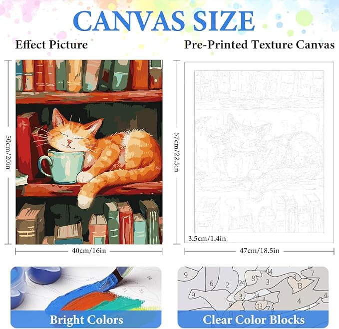 ZRIZQ Paint by Numbers Kit for Adults Beginner,Cat Books,16x20 | Full set with wooden brushes,rolled canvas,rich paints.Calming activity.Beginner friendly.Just open and paint.