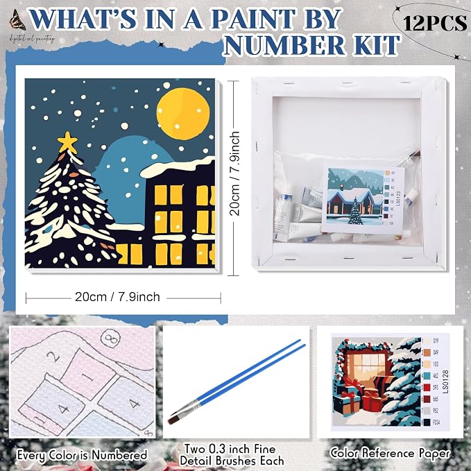 Nezyo 12 Sets Paint by Numbers Kit with Frame for Adult, 8 X 8 Inch | Easy DIY Acrylic Painting for Beginners, Ideal Birthday Gift, Art Party Classroom Activity, Winter Holiday Themed Canvas