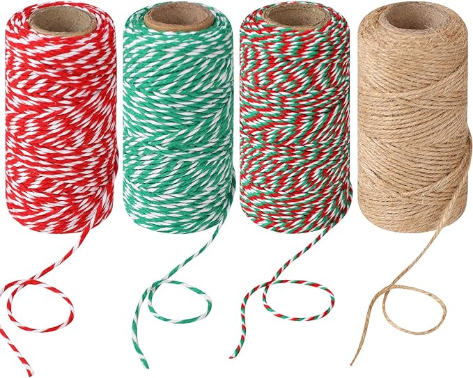 4 Rolls Natural Jute Twine, Red, Green & White - 70m/Roll