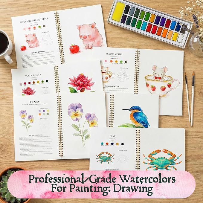 4 Pack Watercolor Workbook,Water Colors Paint Adult Set for Beginner with Step by Step,Relaxing & Easy to Paint Water Coloring Book with 24 Colors,Perfect for Gifting to Creativity & Joy for Adults