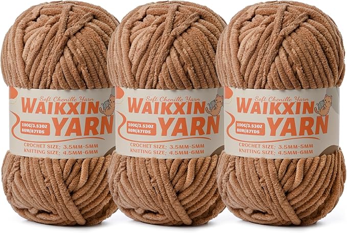 （3Light Coffee） 3 Pack Super Soft Fuzzy Chenille Chunky Yarn for Crocheting, 300g (261yds) Velvet Fluffy Amigurumi Yarn for Hand Knitting Baby Blankets Weaving Craft