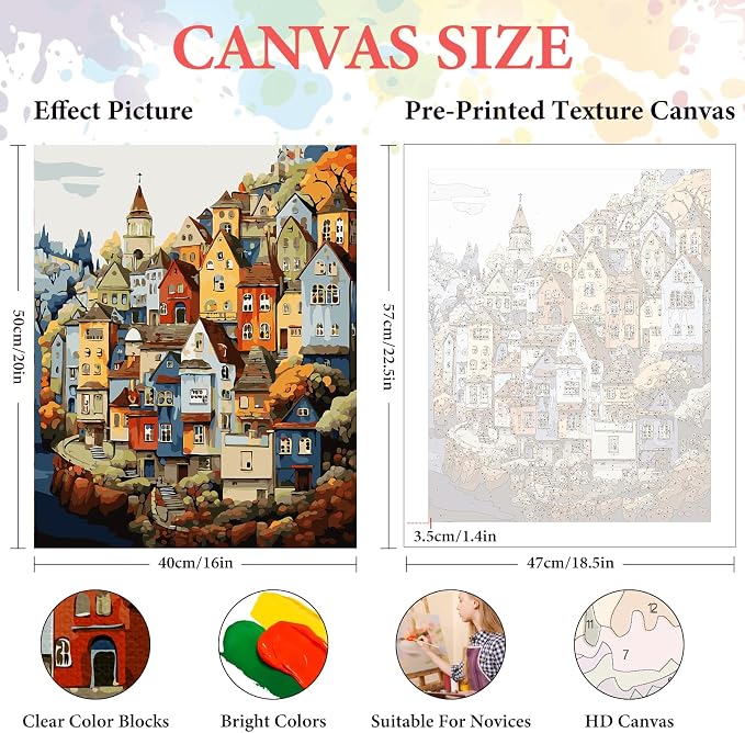 Paint by Numbers Kit for Adults Beginner, Colorful Village, 16x20 Inch
