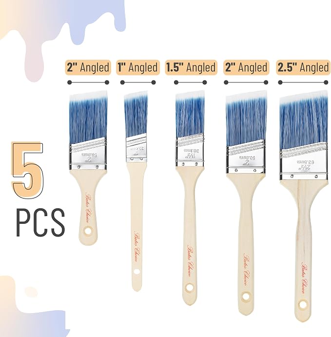 Bates Paint Brush Set - 5 Angled Brushes, 1", "1.5", "2", "2.5" - Treated Wood Handles for Walls, Stain & Furniture