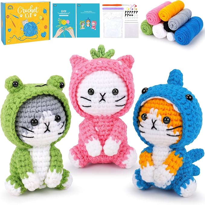 Fortuning's JDS Crochet Kit for Beginners, 3 PCS Crochet Animal Kits | w/ Step-by-Step Video Tutorials, Beginner Crochet Kit for Adults, Cat Dressed as Shark Frog Strawberry