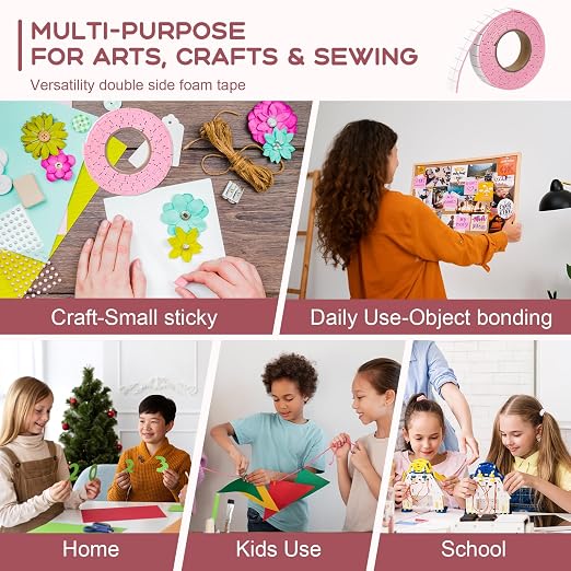 330 PCS Double Sided Foam Tape Pre Cut 1/2 X 2/5 Inch Small Adhesive Foam Squares for Crafts Thin Foam Craft Tape Split for Arts Crafts Sewing Scrapbook DIY Christmas (Tape with Box, Pink)