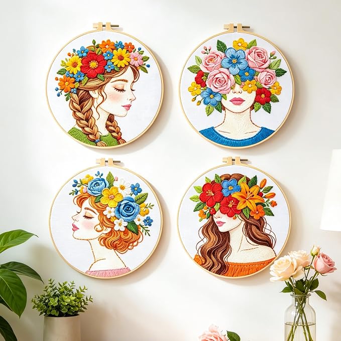 BEUNITONE 4 Set Embroidery Kits for Beginners Adult with Pre-Print Pattern | 7.9x7.9" Include Embroidery Cloth Hoops Threads for Craft Lover, Beautiful Flower Lady Pattern for Women Home Decor