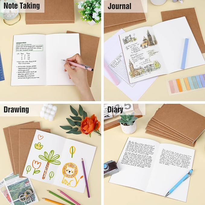 EOOUT 24 Pack Blank Kraft Notebooks, A5 Journals Notebook Bulk, Unlined Paper Sketchbooks, 8.3x5.5in 60 Pages Travel Journal Set for Journaling, Student, Kids, Writing
