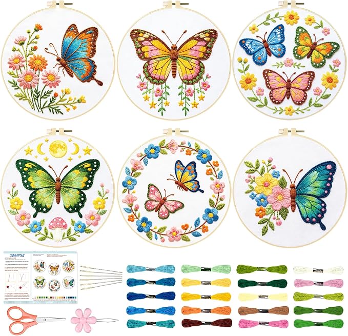 BEUNITONE 6 Set Embroidery Kit for Beginner Adults, Colorful Butterfly Floral DIY Cross Stitch Set with Stamped Pattern Hoops Threads Cloth Needles, Embroidery Starter Kit for Home Decor and Gifting