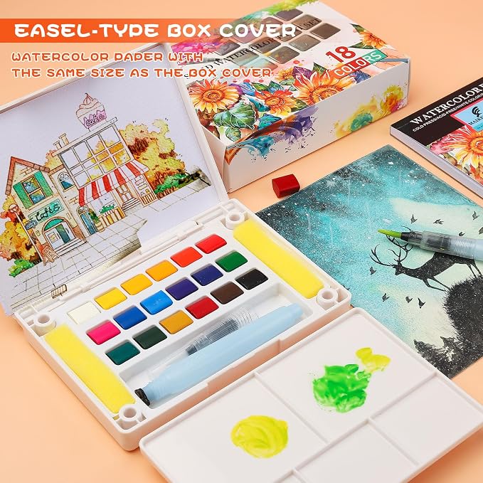 Watercolor Paint Set,Vivid Colors Travel Paint Set Graspable Painting Set Compact Size, Watercolor Kit with Water Brush Pens,24 Sheets Watercolor Papers,3 Online Tutorial Video - 18colors