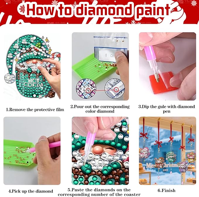 JeCuiK 6 Pcs Diamond Art Christmas Ornaments Gnomes Coffee Diamonds Painting Keychain Kits Double Sided Diamond Art Kits for Adults Xmas Decoration Diamonds Painting Wind Chimes DIY