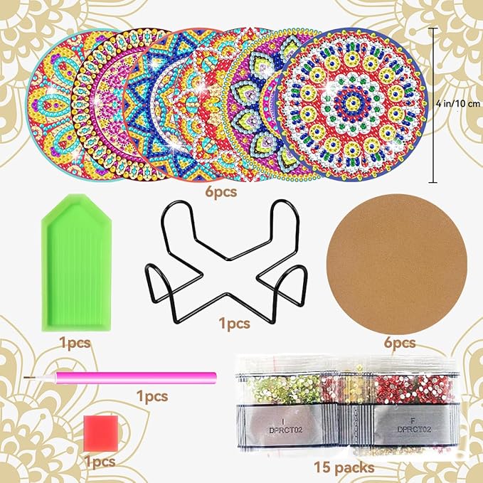 Vcekract 6 Pcs Mandala Diamond Art Coasters Kit for Adults | Diamond Painting Coasters with Holder & Protective Backing, Diamond Art Adult Crafts for Table Home Decoration