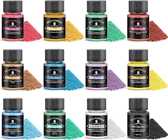 Mica Powder 12 Colors Pearlescent Pigment - for Resin Epoxy, Soap Making, Nail Polish, Lip Gloss, Eye Shadow, Bath Bomb, Slime & Candle - 10g Each Bottle(Sparkle Hues)