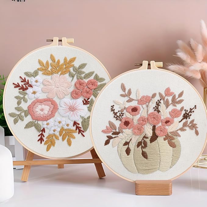 Sivilife Embroidery Kit for Beginners, 3 Sets Stamped Cross Stitch Kits for Beginner, Floral Pattern Embroidery Starter Kits for Adults with Embroidery Hoop Instructions Threads and Needles Scissors