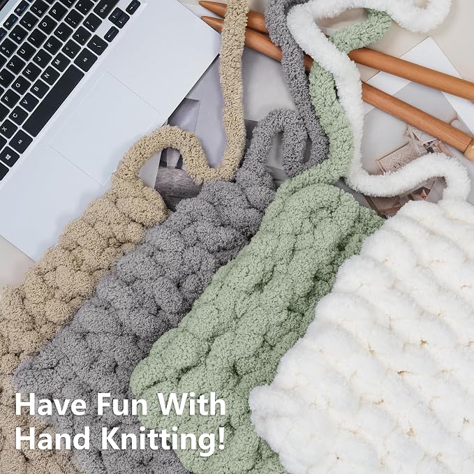 Cozyful Chunky Yarn for Hand Knitting - #10 Chunky Chenille Yarn, Jumbo Big Thick Chunky Yarns for Crocheting, Super Bulky Chunky Knit Blanket Yarns, 8 Skein (22yd, 8oz/Skein), Cream&Sage&Khaki&Grey