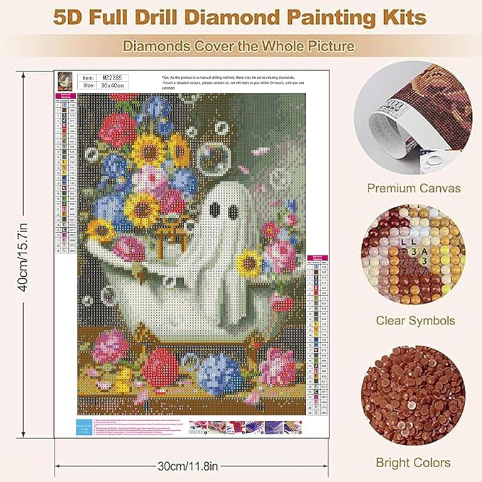 Halloween Diamond Art Kits for Adults,Ghost Bathing in Flower 12 x 16 Inch