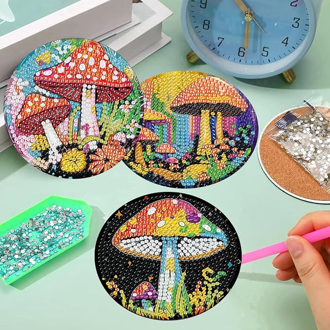 8 Pcs Diamond Art Coasters Kits, Mushroom Diamond Painting Coasters Kits