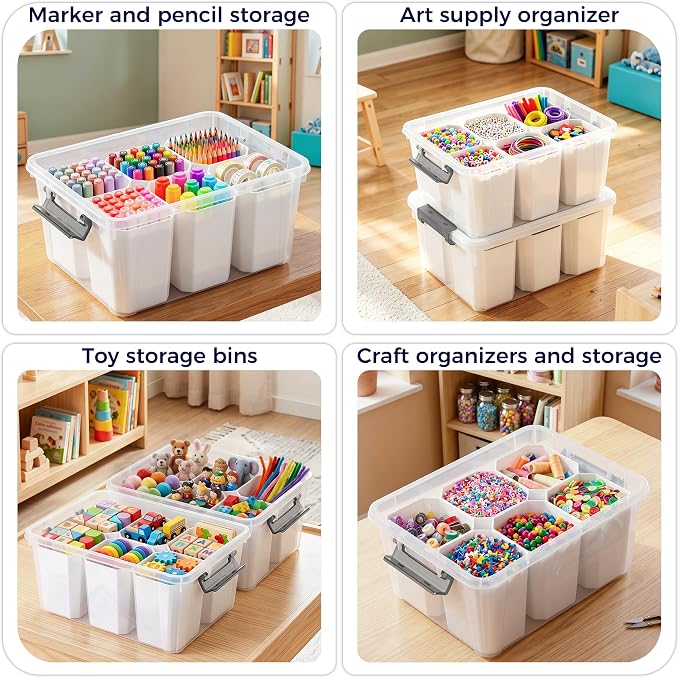 17QT 2Packs Clear Marker Organizer – 6 Detachable Inserts, Stackable Craft Organizers and Storage, Art Supply Organizer for Markers, Crayon, Pencils, Pens and Craft Supplies