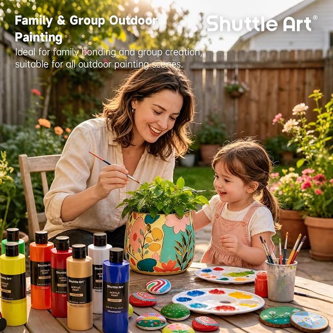 Shuttle Art Outdoor Acrylic Paint Set, 16 Colors Waterproof Paint, 8.45oz Large Bottles, Rich Pigmented Bulk Painting Supplies for Artists, Beginners on Rocks, Wood, Wall, Crafts, Garden Statues