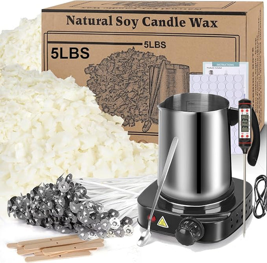 Soy Wax Candle Making Kit Supplies With Wax Melter, Natural Candle Wax For Candle Making, DIY Art&Crafts Kit for Adults,Beginner, Including 5lbs Soy Wax Flakes, Electric Stove,Candle Wick,Melting Pot