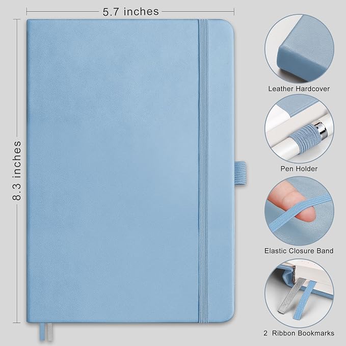 RETTACY Lined Journal Notebook, 192 Numbered Pages, A5 Size (5.7'' x 8.3'') | Leather Hardcover, 100 GSM Thick Paper, for Men & Women, Journaling, Writing, Work & Office (Light Blue)