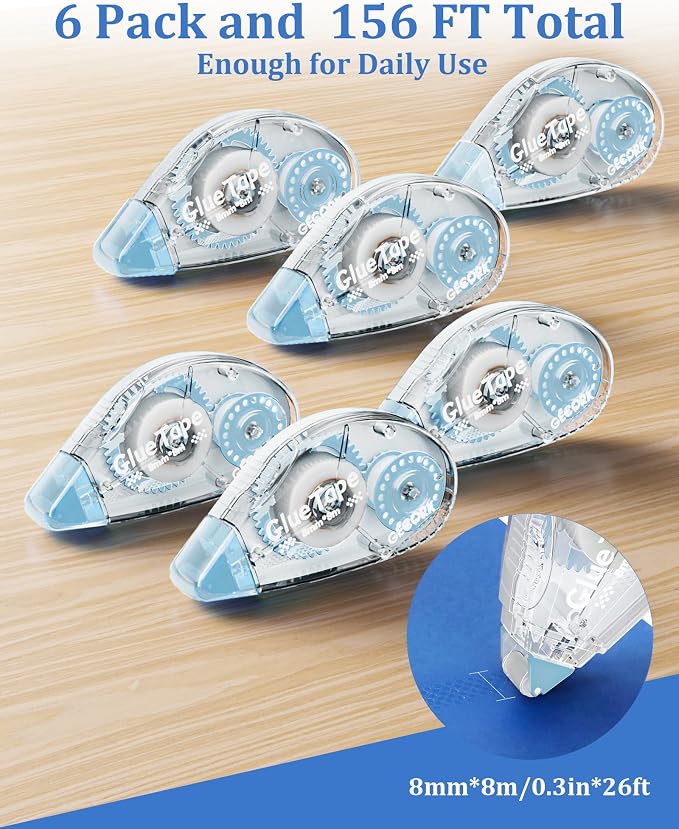 Gecork Double Sided Glue Tape Roller 156 ft Total, 6-Pack, Light Blue | 0.3 in x 26 ft Quick-Dry Tape Runner, Strong Adhesive & Lasting Bond, For Scrapbooks, Journals, Office, School Arts & Crafts