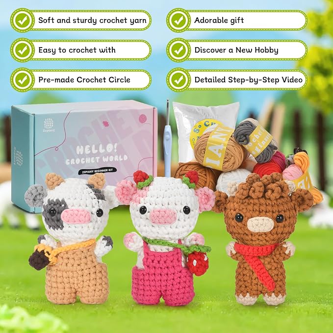 Zepiany Crochet Kit for Beginners 3 PCS Amigurumi Animal Cows Starter Kit Step-by-Step Video Tutorials DIY Craft Gifts for Adults Knitting Lovers Mother Teacher Graduates with 40% Extra Yarn