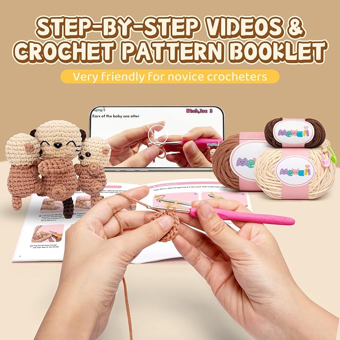 Mewaii Crochet Kit for Beginners, 3 Pack Sea Otter Craft Set | 40% Extra Yarn, Video Tutorial, Pre-Started Piece, Beginner Friendly, Family Craft Gift for Adults & Kids