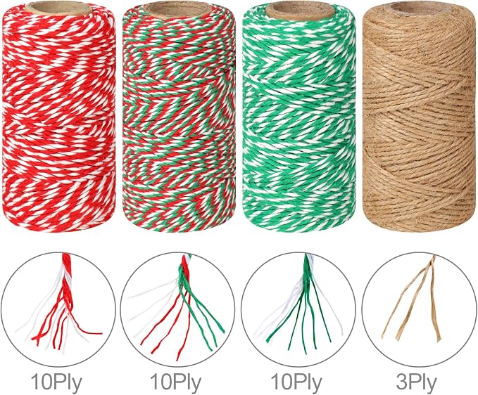 4 Rolls Natural Jute Twine, Red, Green & White - 70m/Roll