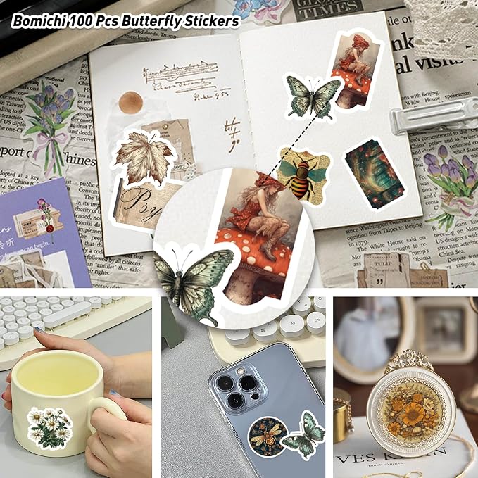 100 Pcs Vintage Insects Botany Forest Theme Vinyl Stickers