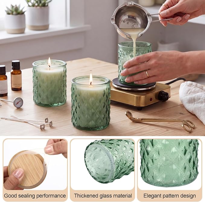 Acellegic 20 Pack Green Candle Jars for Making Candles 7 oz Empty Glass Jars with Bamboo Lids Cylindrical Candle Containers Bulk for DIY, Table Decor, Wedding Party