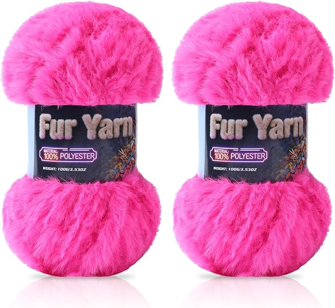 Faux Fur Yarn Soft Fluffy for Crocheting - 2 Skeins(Each 3.5oz/100g, 71yd/65m) - Chunky & Fluffy Yarn for Crochet Amigurumi, Blankets, Hand Knitting, Scarves &Crafts (2, Rose Red)