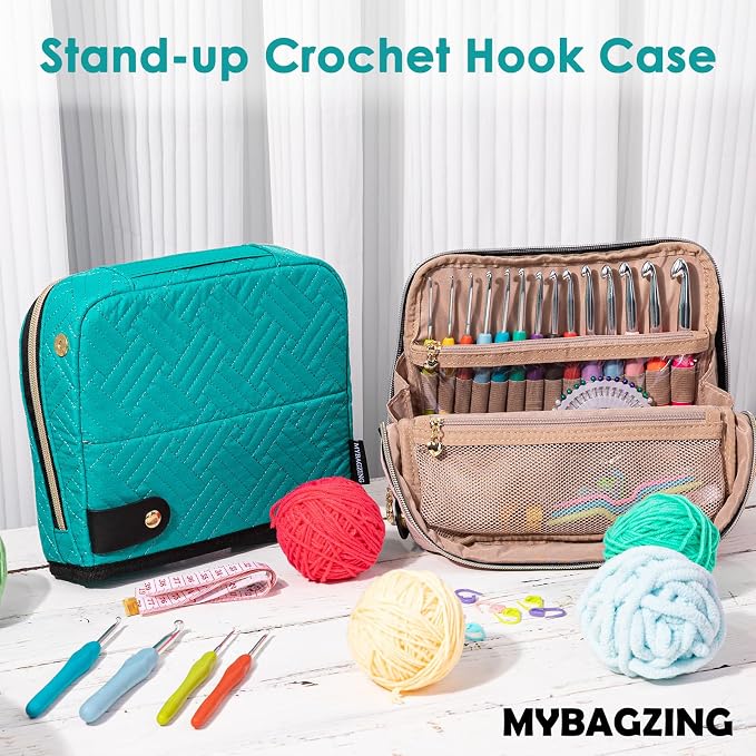 MYBAGZING Crochet Hook Case with 14 Size Crochet Hooks Set 2mm(B)-10mm(N) Ergonomic Crochet Hooks with Crochet Case Stand Up - Crochet Hook Organize for Crochet Lovers, Crochet Kit for Beginners